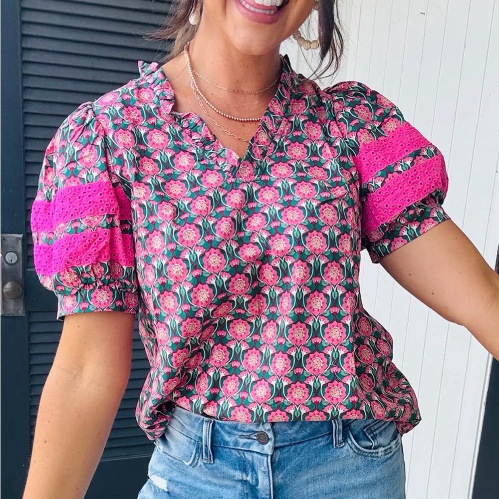 Entro Pink and Green Floral Print Puff Sleeve Blouse